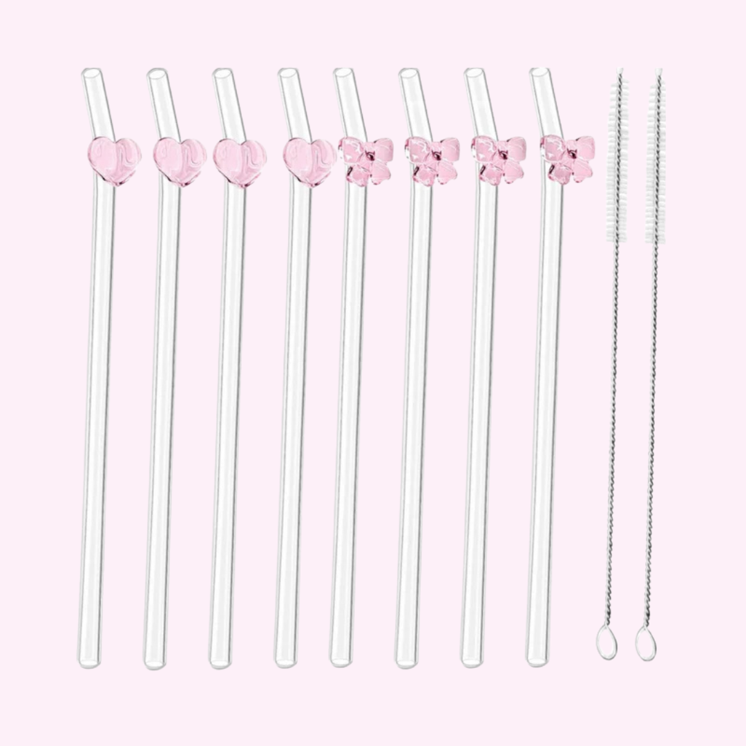 Hearts & Bows Glass Straw Set