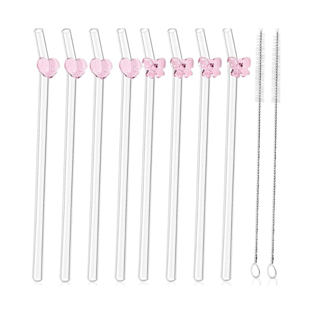 Hearts & Bows Glass Straw Set