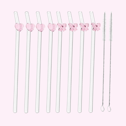 Hearts & Bows Glass Straw Set