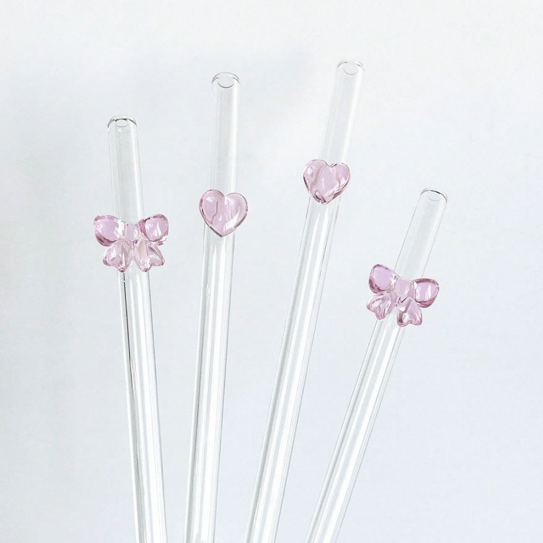 Hearts & Bows Glass Straw Set