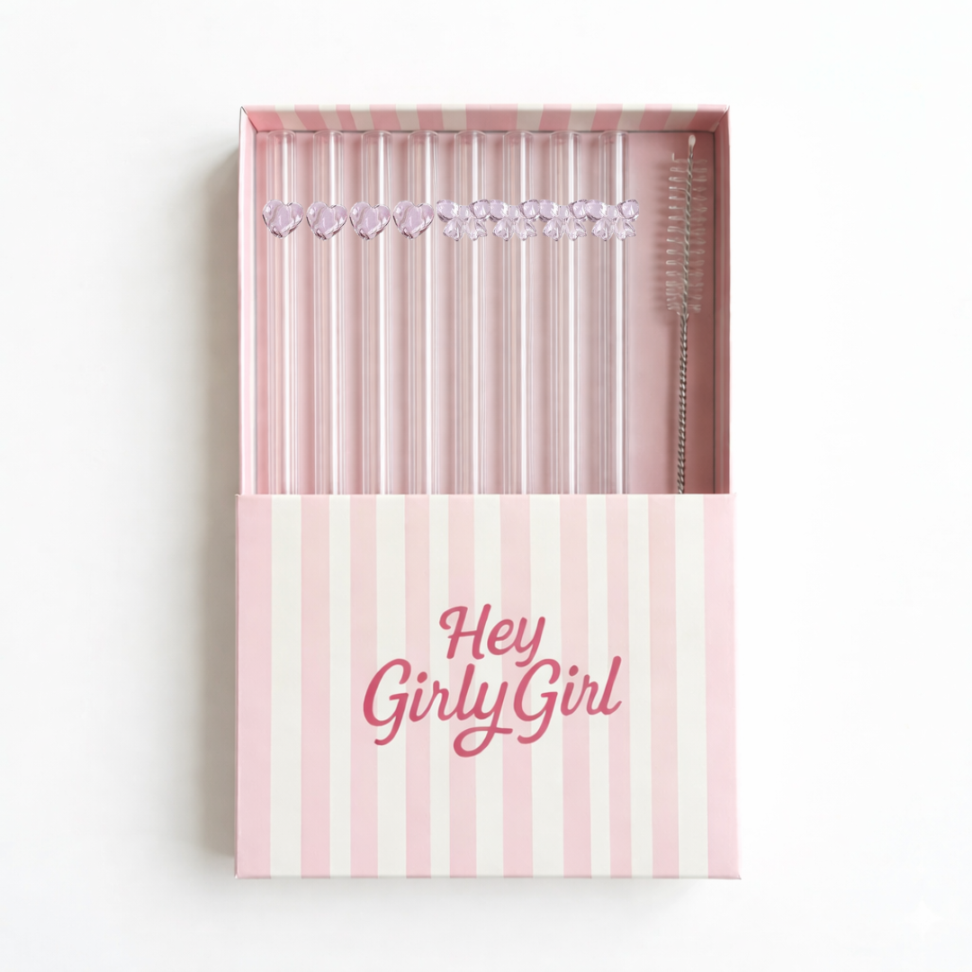 Hearts & Bows Glass Straw Set